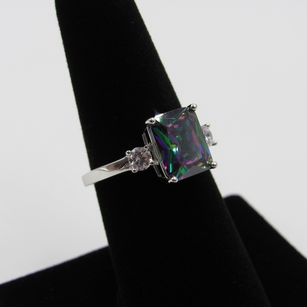 Sterling Silver Rectangle Rainbow Cz Diamond Ring - image 3